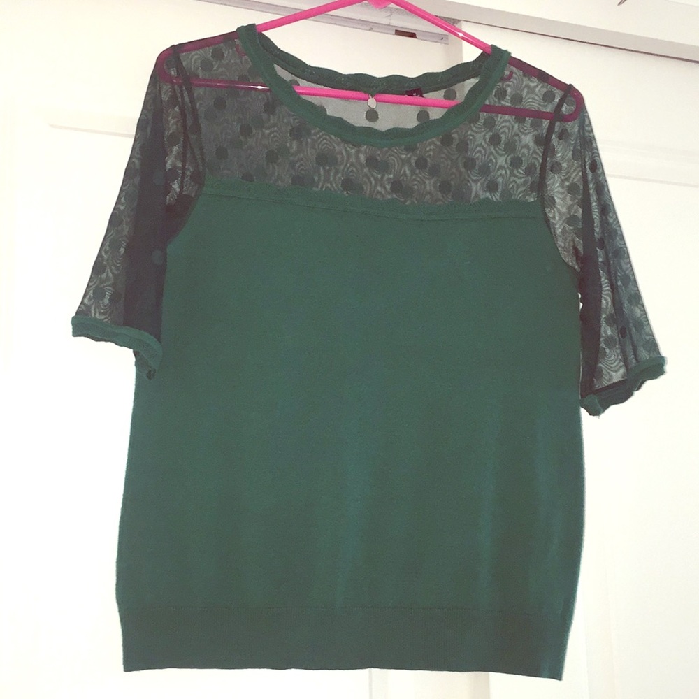 Adorable green polka dot half sheer blouse